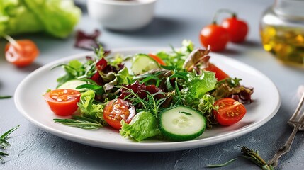 Fresh Vegetable Salad with Cherry Tomatoes and Cucumber on Plate