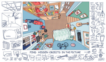 Find hidden objects in the picture. Interrior of teenager’s room from above with furniture and home objects. Cozy children room. Linear sketch vector illustration