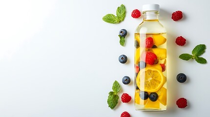 Fruit infused water bottle with raspberries and blueberries around