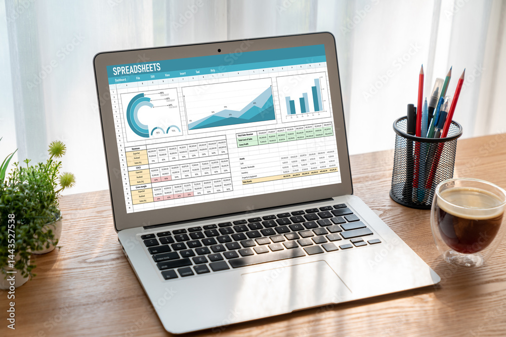 Poster spreadsheet document information financial startup concept. data and graphs in spreadsheet documents