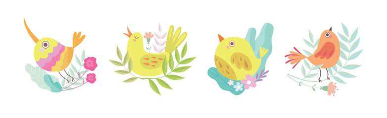 Cute Little Birdie in Bright Foliage and Leaf Vector Set