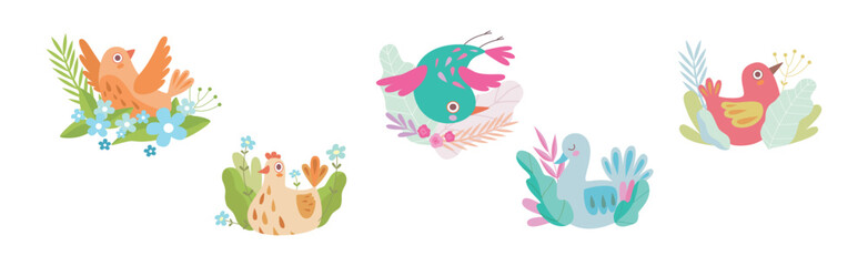 Cute Little Birdie in Bright Foliage and Leaf Vector Set