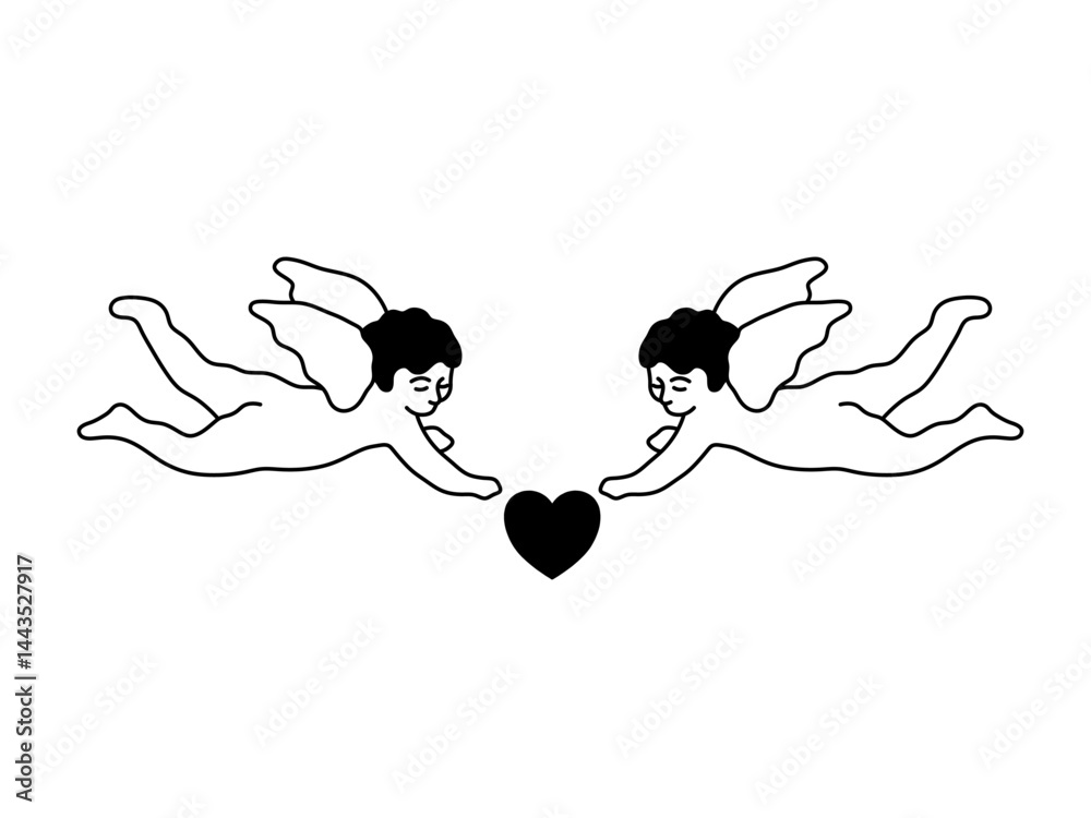 Poster vector isolated two pair simple minimal flying angels cupids with wings and heart colorless black an