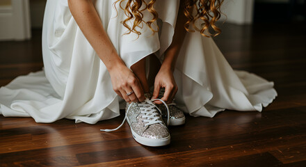 Bride Tying Sparkling Sneakers Laces on Wooden Floor Before the Wedding with a Flowing White Gown