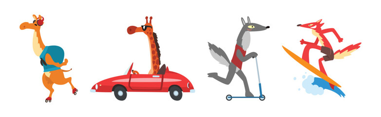Cute Animal Character Riding Different Transport Vector Set