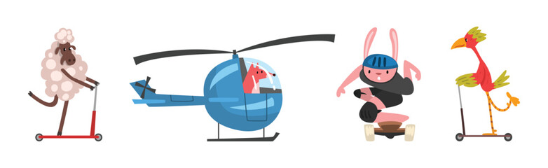 Cute Animal Character Riding Different Transport Vector Set