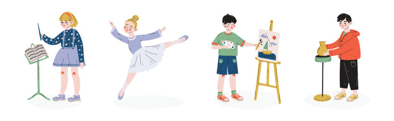 Kid Character Engaged in Hobby and Favorite Activity Vector Set