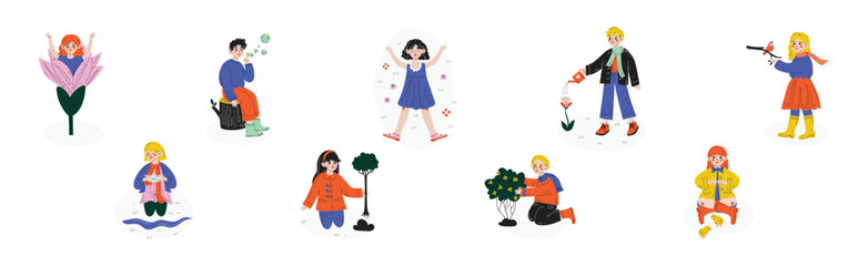 Kids Character Playing Outdoor Enjoy Spring Vector Set