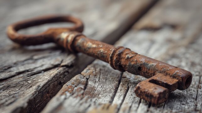 Rustic Antique Key: A Weathered Metal Treasure on Rustic Wood