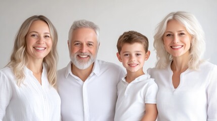 Fototapeta premium Happy family portrait. A multi-generational family smiles warmly for a photo. A loving and supportive relationship is evident. Perfect for family-related products or services