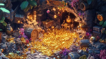 Treasure cave filled with gold coins