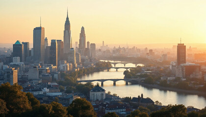 Fototapeta premium Sunset view over a bustling city skyline with high-rise buildings and river flowing through the urban landscape