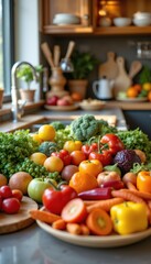 vibrant kitchen scene with colorful fruits and vegetables laid out on the countertop