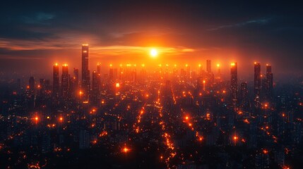 Fototapeta premium Fiery Sunset Over Metropolis: An Aerial Panorama of a City at Dusk