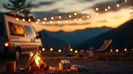 Family road trips and van life adventure. A cozy campsite with a fire, van, and glowing lights at sunset, ideal for relaxation.