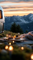 Family road trips and van life adventure. Cozy outdoor picnic setup at sunset with gourmet food and scenic mountain view.