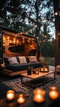 Family road trips and van life adventure. Cozy van interior with string lights, candles, and a stylish outdoor setting.