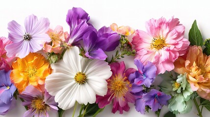 Fototapeta premium Colorful Assortment of Fresh Flowers with Green Leaves and Petals