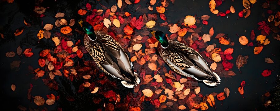Two mallard ducks swim in water filled with autumn leaves