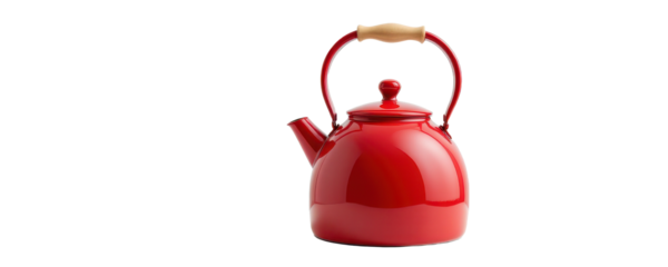 a glossy red kettle placed on a clean white background