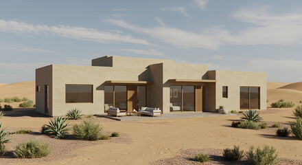 Fototapeta premium Contemporary Desert Home In An Arid Landscape Under A Beautiful Sky