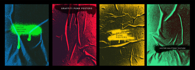 Set of graffiti punk posters, urban street art with grunge. Brush drawn overlay texture. Retro style overlay grunge distress grain, scratches, abrasions, drips, paint splashes. Vector halftone texture © Anatoliy
