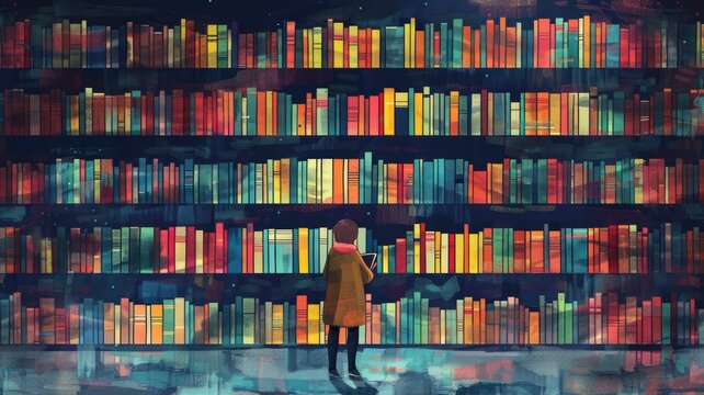 dream where exploring a vibrant library at night for inspiration and knowledge