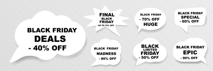 Black friday sale speech bubbles with discount percentages, bold text, and promotional offers on transparent background.