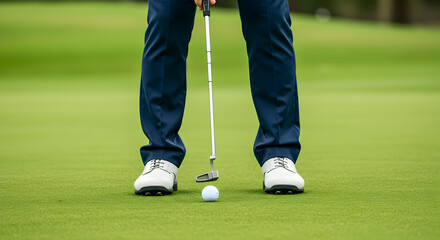 Golf Player Putting on Green Grass Course with Golf Ball Close Up Focus on Precision and Aim