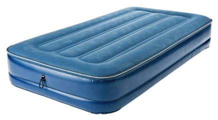 blue inflatable mattress on a transparent background for camping or guest bed needs and travel comfort