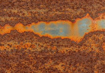 Fototapeta premium Close-up view of rust texture on metal plate, showing corrosion and degradation, used as abstract background or surface pattern for grunge design element.
