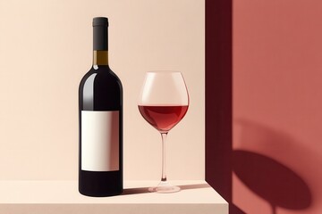A wine bottle with a blank label and a glass of red wine on a beige surface with a pink wall