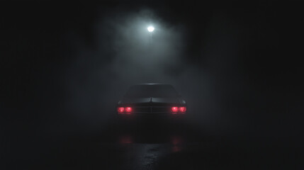 Fototapeta premium Vintage Muscle Car in Fog Under Streetlight 