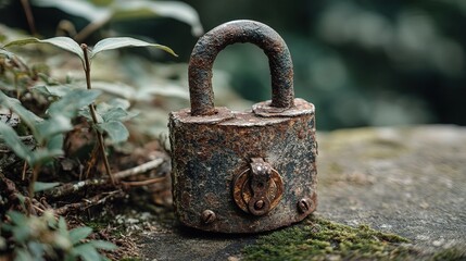 Rusty Padlock on Mossy Stone Surrounded by Greenery in Nature