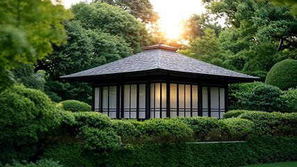 Serene Japanese garden with traditional pavilion, ideal for zen meditation and tranquility seekers