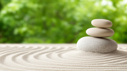 Zen garden sand with single smooth stone and green leaves overhead
