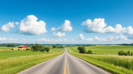 Fototapeta premium Winding country road leading to red barn under blue sky 