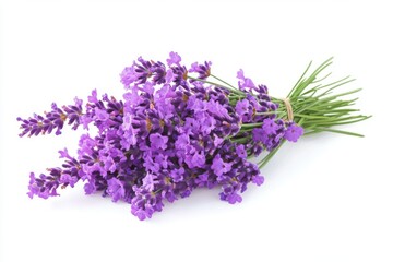 Obraz premium A bunch of fresh lavender flowers tied together with twine on a white background studio shot close up