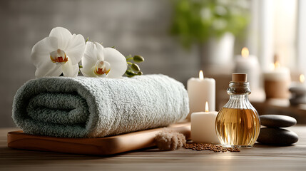 Modern Spa Salon with Massage Table, Candles, and Orchid &mdash; Relaxation Concept
