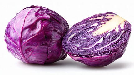Fototapeta premium Fresh Purple Cabbage Whole and Sliced on a White Background