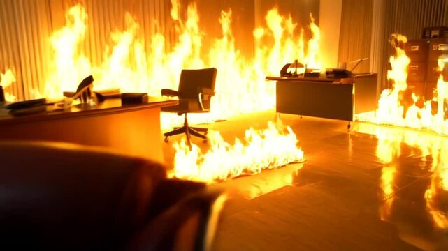 A zombie in a suit sits in a burning office, a symbol of corporate decay and the consequences of unchecked ambition. Fire rages behind him.
