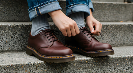 Person Tying Brown Leather Shoes with Jeans and Gray Socks on Concrete Steps During the Day