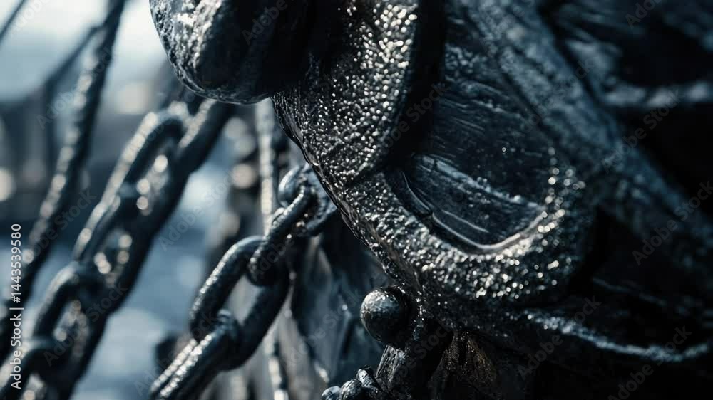 Poster a close-up shot of a horse's head with a chain wrapped around its neck, suitable for use in editoria