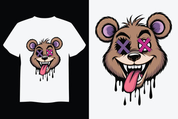 Teddy Bear Illustration: A playful cartoon bear illustration, perfect for t-shirt design, with a mischievous grin and dripping paint details. This design captures a vibrant, artistic style.
