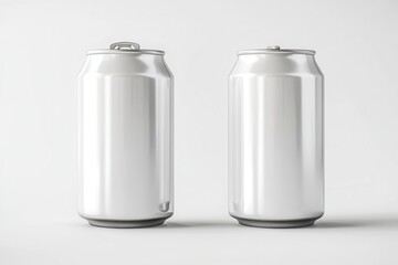 Two plain aluminum cans standing side by side on a white surface in a studio setting for product shot
