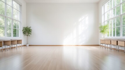 Fototapeta premium Empty bright room with large windows. Natural light streams in, illuminating a light-wood floor and white walls. Small wooden tables and chairs flank the large windows