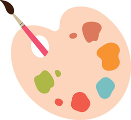 Palette with paints of different colors and a brush. Top view of a palette with paints. Isolated vector illustration in flat style.	