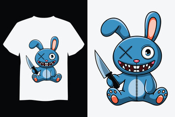 Sinister Bunny Tee Design: A unique t-shirt design featuring a mischievous blue bunny holding a knife. It's a blend of playful and edgy, perfect for those who like their fashion with a twist.