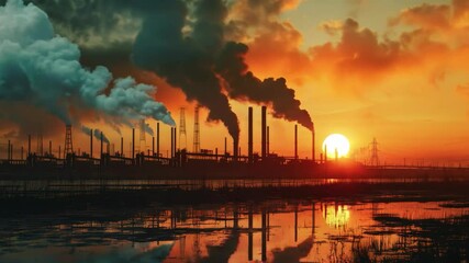 Factory landscape with smoking chimneys at sunset, perfect for industrial stories, environmental themes, documentaries and news.
