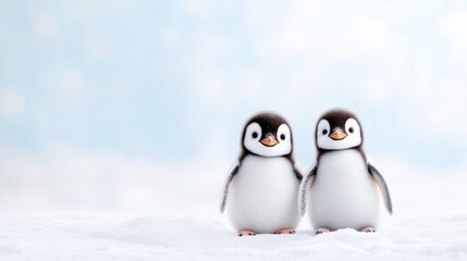 Obraz premium Two cute baby penguin chicks standing together on a snowy field under a soft blue sky.